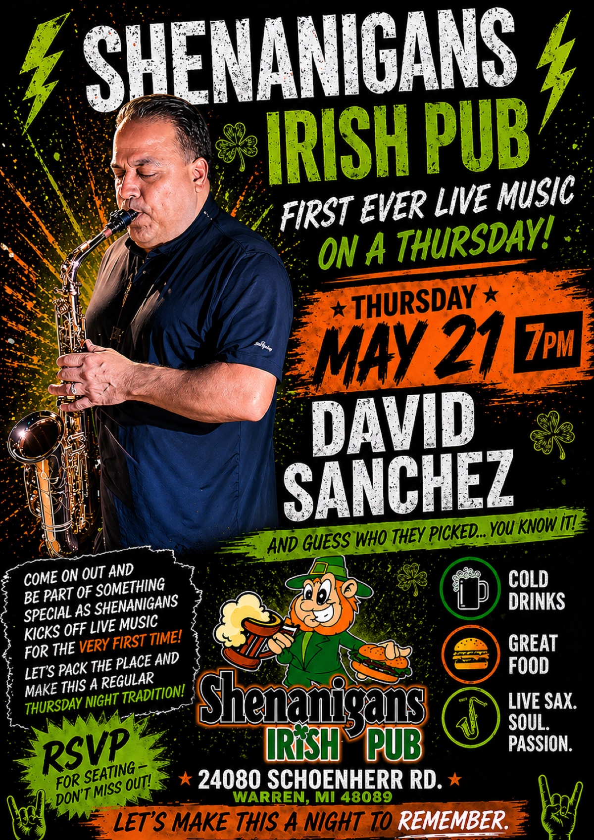 Shenanigans Irish Pub — Live Saxophone with David Sanchez, Thursday May 21, 7PM